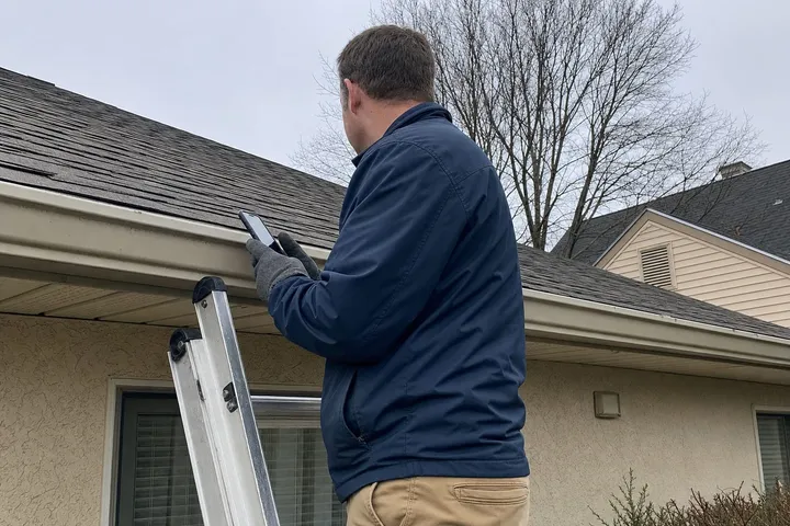 A home inspector on a ladder at the edge of a shingle roof, checking it with a phone