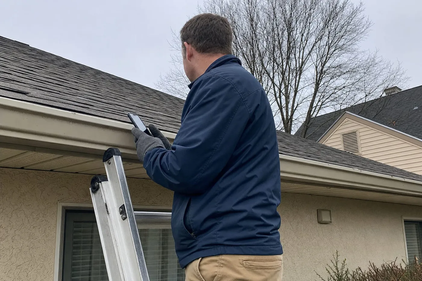 A home inspector on a ladder at the edge of a shingle roof, checking it with a phone
